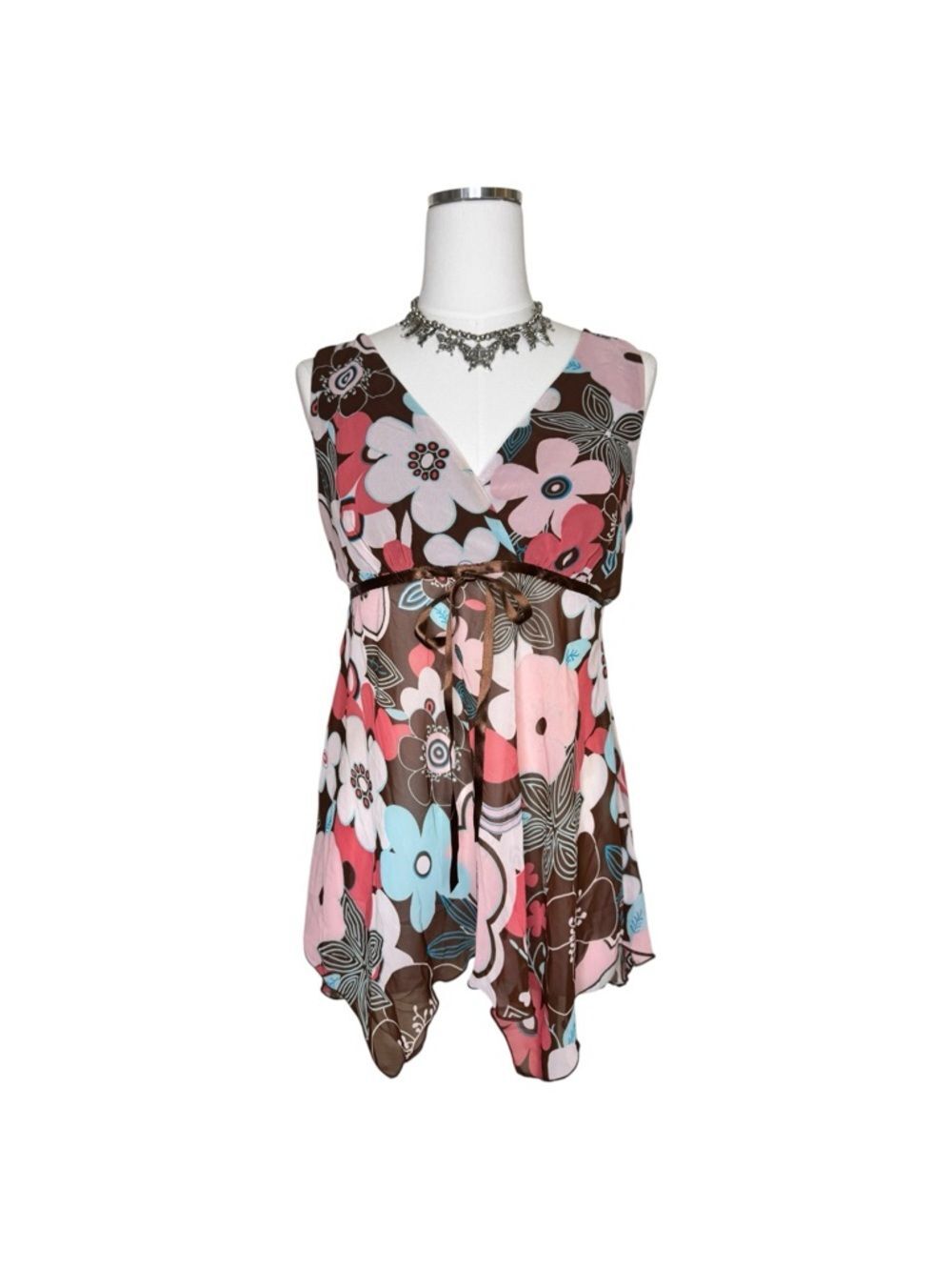Y2K Heart Soul Floral V-Neck Babydoll Asymmetrical Top Brown & Pink Size Medium